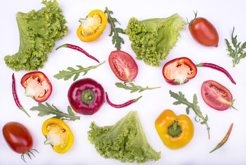 Organic natural pattern with fresh vegetables - tomatoes, pepper chilli, paprika, lattuce on a...