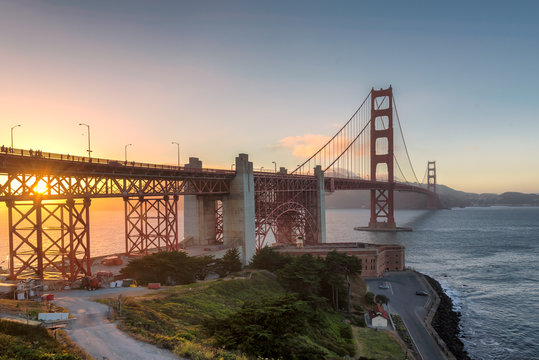 Golden Gate Bridge at sunset, San Francisco, California.