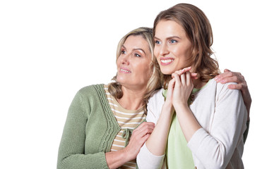 Happy Senior woman with daughter on white background