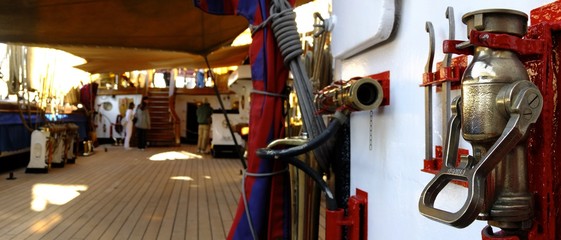 panoramic image with details of the anti-fire system of the Italian ship Amerigo Vespucci