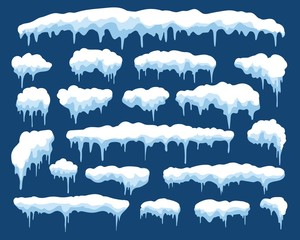 Icicles. Winter snowy icicle set isolated on blue, cartoon ice snowcap or snowed cap for xmas decor vector illustration - obrazy, fototapety, plakaty