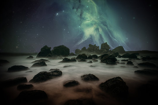 Ancient Places Backgrounds - Misty Shore under Night Sky