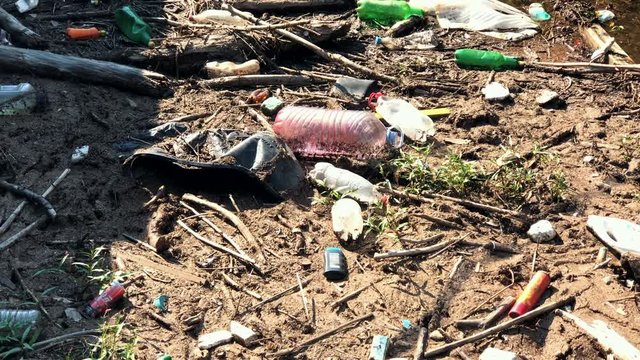 Plastic garbage thrown in the lake by humans.