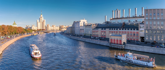 Moscow. September 20, 2018. View from the soaring bridge in the park Zariadye. Moskvoretskaya and...