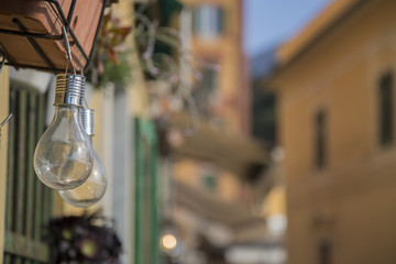 image of two transparent light bulbs used as decoration in an alley