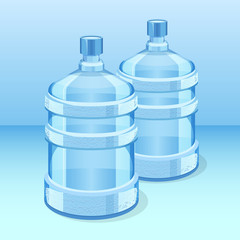 Two realistic plastic bottles for office water cooler. Barrel, gallon, plastic container for with water. bottle Vector illustration.