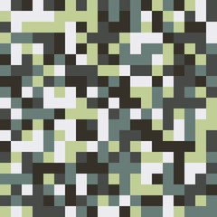 Seamless pattern made of colorful squares rotated by 90 degrees, endless mosaic texture made of muted green shades, white, dark gray, fashionable background, great texture for 8bit games