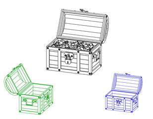 Opened wooden chest. Vector outline illustration.