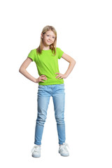 cute girl in casual clothing posing on white background