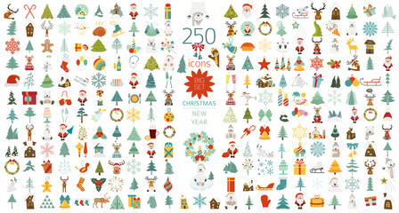 Christmas, New Year holidays icon big set. Flat style collection. Vector illustration - obrazy, fototapety, plakaty