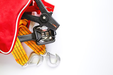 Car emergency kit on white background for vehicle and transportation concept