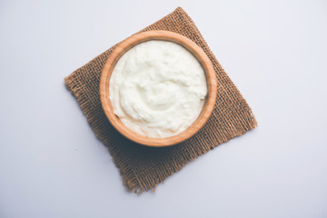 Plain curd or yogurt or Dahi in Hindi, served in a bowl over moody background. Selective focus