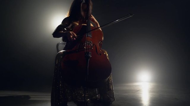 The cellist performs on stage.