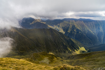Landscape with rocky mountain peaks in summertime