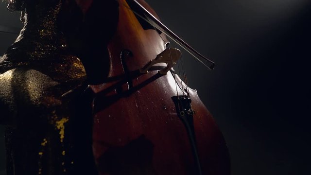 The cellist performs on stage.