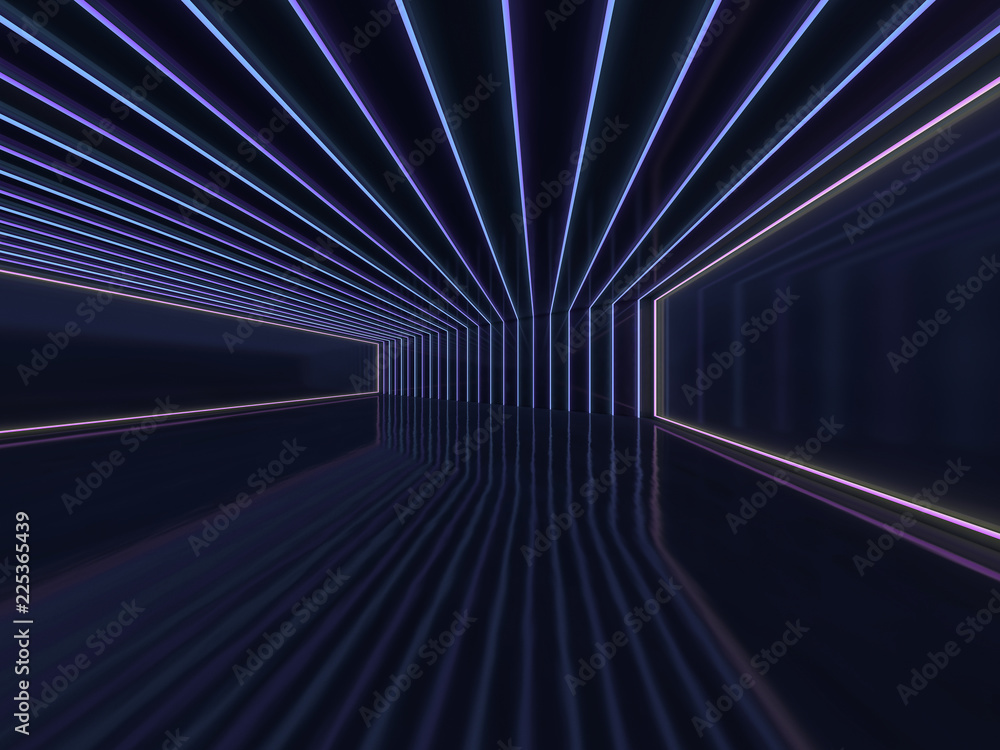 Poster background of an empty room with walls and neon light. neon rays and glow. 3d