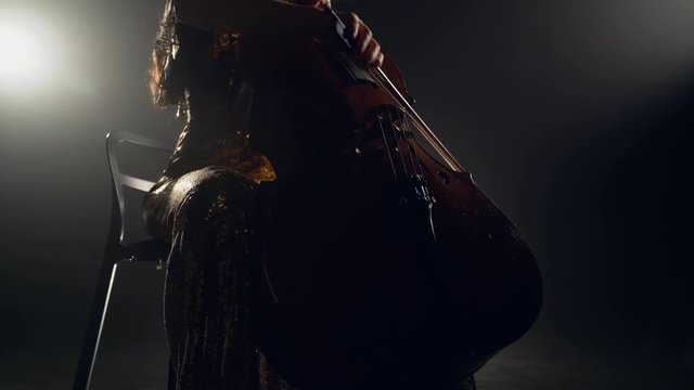 The cellist performs on stage.