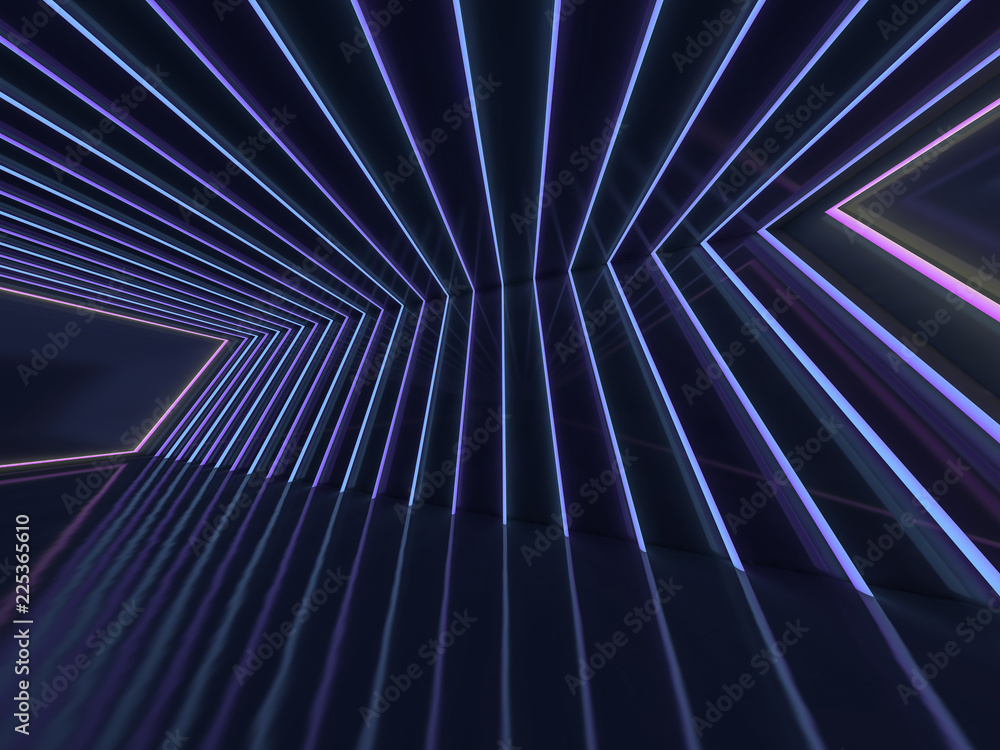 Poster background of an empty room with walls and neon light. neon rays and glow. 3d