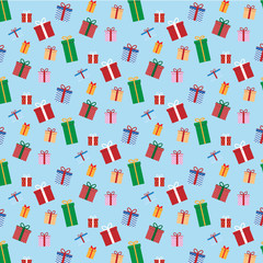 Merry Christmas and Happy New Year Collection of seamless patterns with colorful gift box on blue colors background. Vector illustration.