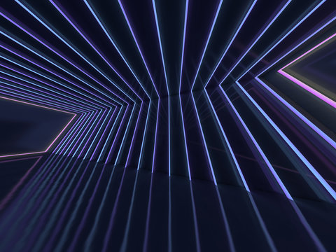 Background of an empty room with walls and neon light. Neon rays and glow. 3D