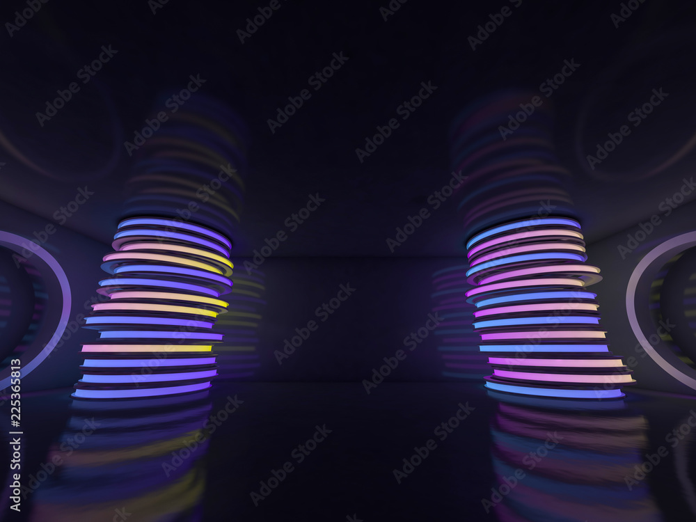 Poster background of an empty room with walls and neon light. neon rays and glow. 3d