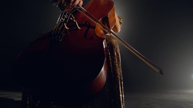 The cellist performs on stage.