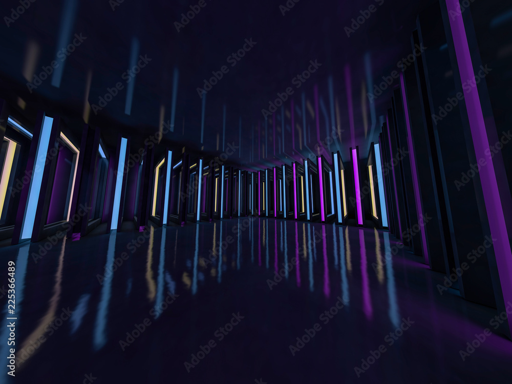 Poster background of an empty room with walls and neon light. neon rays and glow. 3d