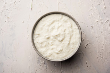 Plain curd or yogurt or Dahi in Hindi, served in a bowl over moody background. Selective focus