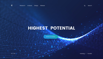Landing page template with a fantastic blue particles scifi background, can be used for electronics startup, internet technology and futuristic cyberspace theme web sites. Header for website