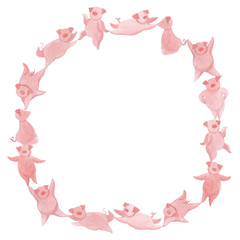 Round frame of the happy pink pigs