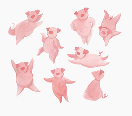 Crowd of cheerful pink pigs