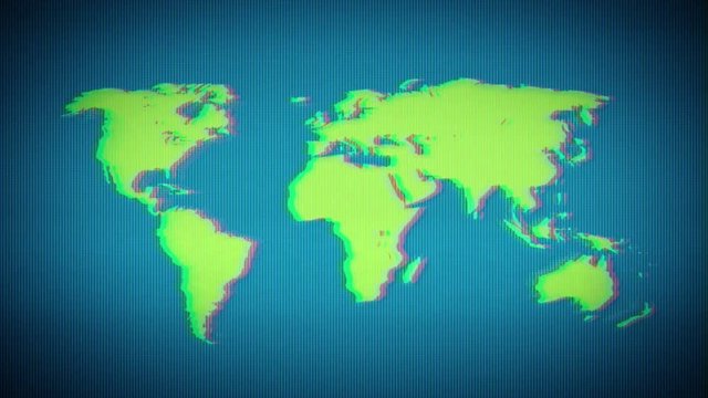 World Earth Map On Vintage Old Television Screen/
Animation of a world map symbol, with old television screen effect including twitch, noise, glitch and bad looking effects