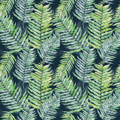 Hand drawn watercolor seamless pattern with tropical leaves 
