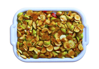 
Ripe, bright apples in the dishes. isolate on white background.vegetarianism and vitamins