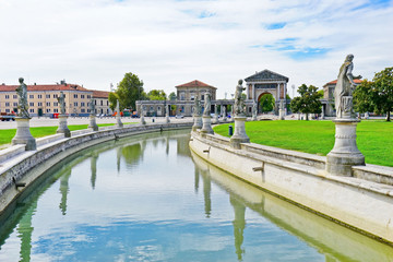 The piazza of Prato della Valle in Padua, Italy. The piazza is the biggest square in Europe with the area of 90 thousand square meters.