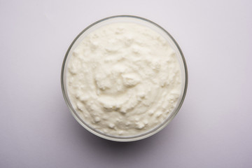 Plain curd or yogurt or Dahi in Hindi, served in a bowl over moody background. Selective focus