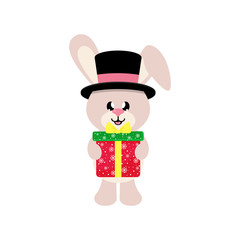 winter cartoon cute bunny in hat with christmas gift