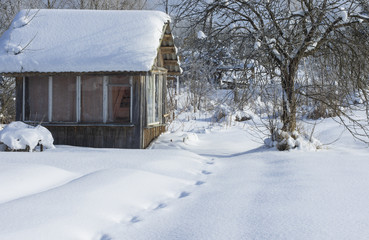 Winter rural landscape with abandoned summer small house covered with snow and footprints in the snow