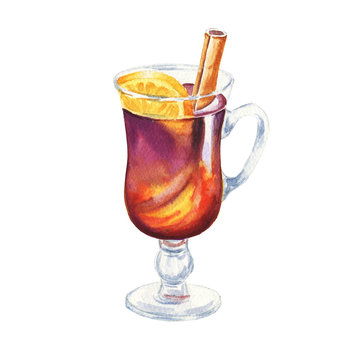 Hand drawn watercolor mulled wine illustration isolated on white background.