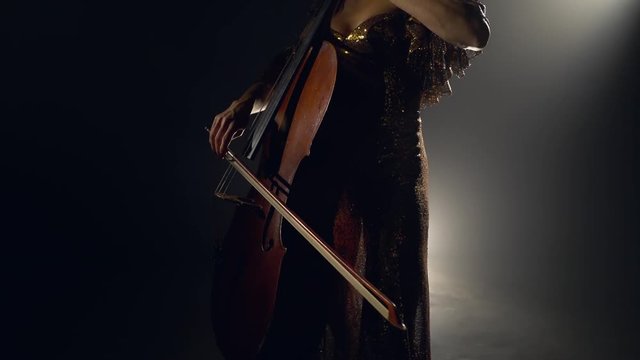 The cellist performs on stage.