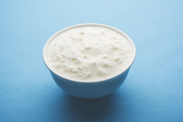 Plain curd or yogurt or Dahi in Hindi, served in a bowl over moody background. Selective focus