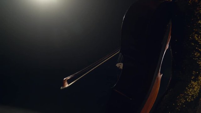 The cellist performs on stage.