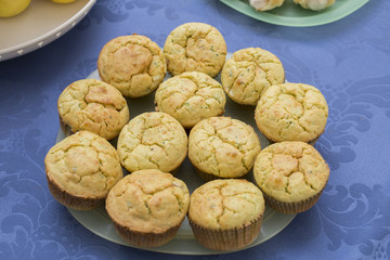 horizontal image with high view of a plate of savory muffin on a table.