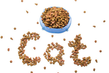 Cat and dog food on white background