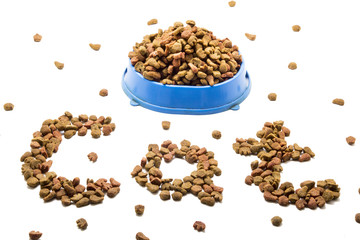 Cat and dog food on white background