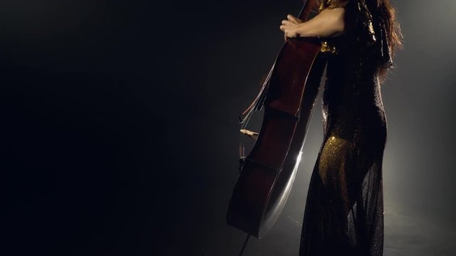 The cellist performs on stage.