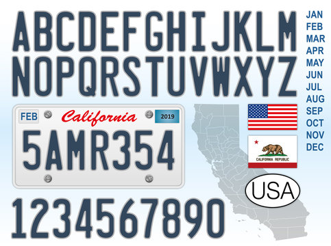 California car license plate, letters, numbers and symbols, USA, United States