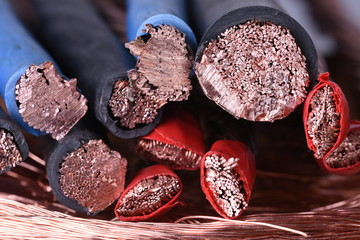 Copper electric power cable close-up