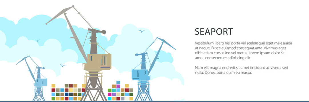 Cargo Cranes and Containers at the Seaport and Text, International Freight Transportation Banner, Vector Illustration