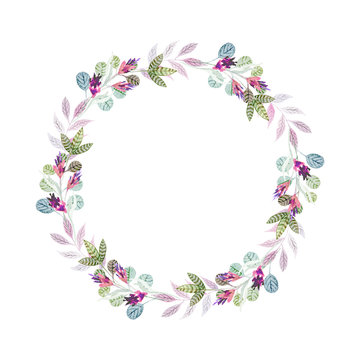 Hand drawn bright colorful watercolor flower wreath illustration